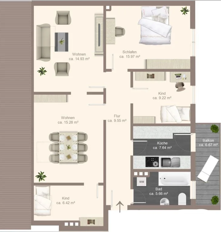 Dieser möblierte Grundriss mit Quadratmeterangaben und Raumbezeichnungen vermittelt Information und zeigt wie die Wohnung eingerichtet sein könnte.